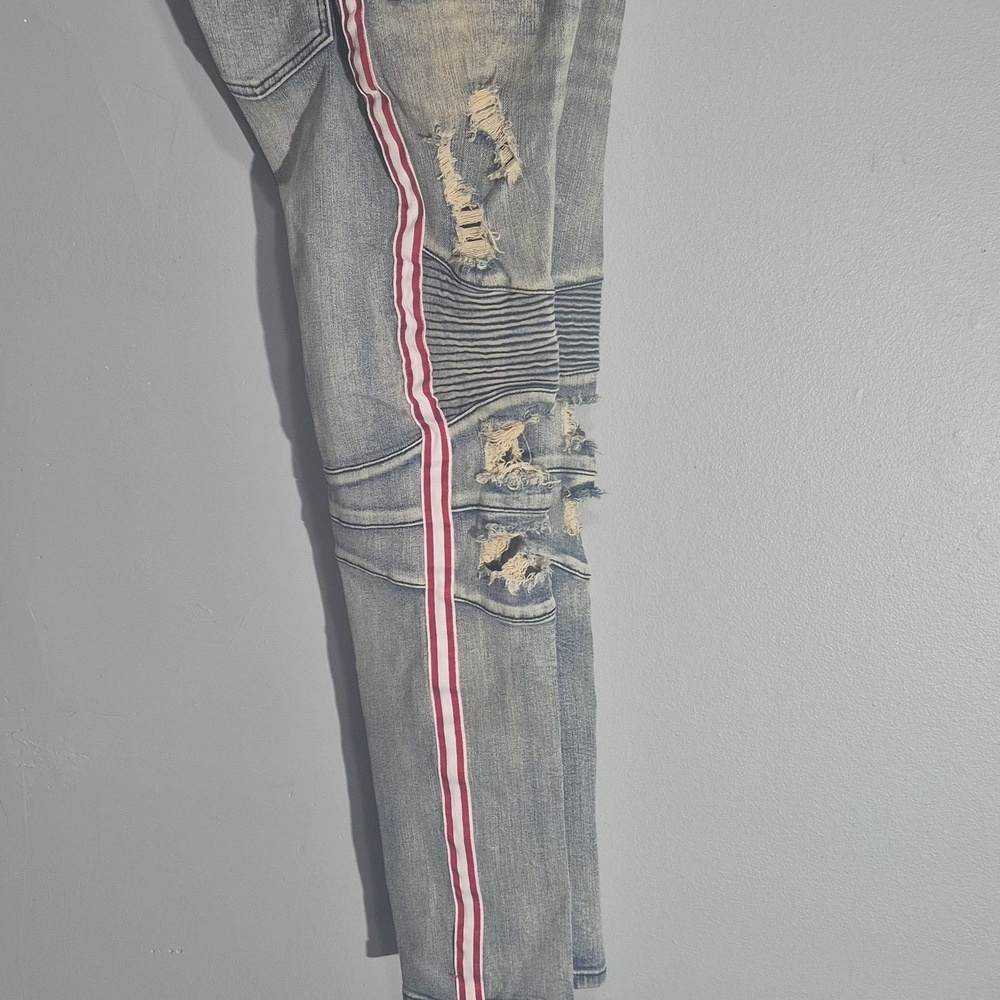 Rue21 Premium Blue Biker Denim Moto Jeans Skinny Supreme Flex Men's Size 34X32 - Picture 7 of 9